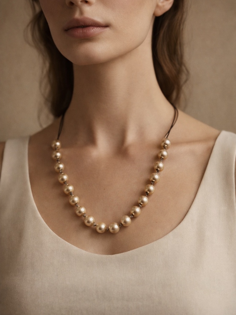 Faux Gold Pearl Beaded Necklace Adjustable Cord Minimalist Vintage Trend